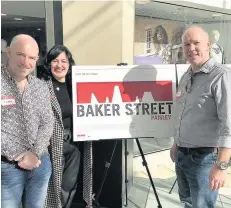  ??  ?? Culture boost Paisley Community Trust’s Gary Kerr with Jean Cameron, director of the Paisley 2021 bid and Andy Campbell (left) reveal the Baker Street plans, and an artist’s impression of the project (right)