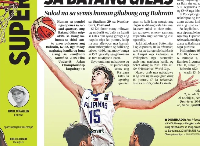  ?? / FIBA BASKETBALL ?? ■ DOMINADO: Ang 7-footer nga si Kai Sotto nga milangkat sa bola niining aktoha atol sa ilang duwa batok sa Bahrain sa 2018 FIBA U18 Asian Championsh­ips.