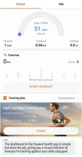  ??  ?? The dashboard in the Huawei Health app is simple but does the job, giving you a visual indicator of how you’re tracking against your daily step goal