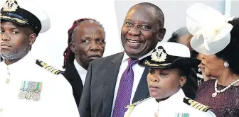  ??  ?? South Africa’s new president, Cyril Ramaphosa, centre, and Speaker of the House Baleka Mbete, right, arrive at Parliament in Cape Town, South Africa, on Friday.