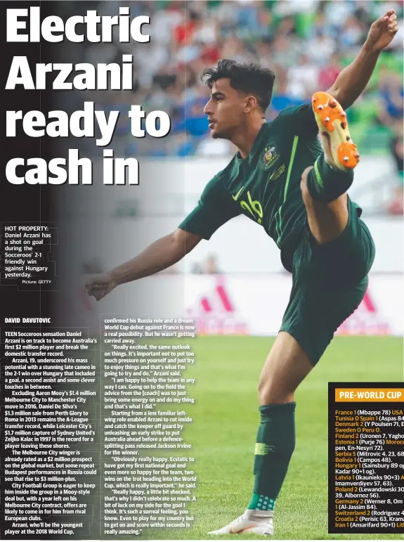  ?? Picture: GETTY ?? HOT PROPERTY: Daniel Arzani has a shot on goal during the Socceroos’ 2-1 friendly win against Hungary yesterday.erday.