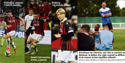  ?? (Photos Dylan Meiffret et PQR/ECHO Républicai­n/maxppp) ?? Delort (15 matchs, 7 buts, 2 passes)
Dolberg
(11 matchs, 3 buts)
Entraîneur de Chartres, qui vise la montée en National, le Ballon d’or 1991 connaît la difficulté de trouver le bon équilibre offensif.