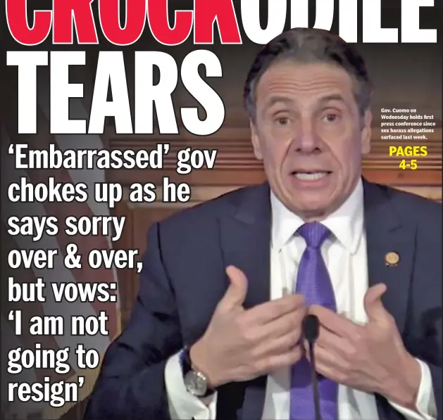  ??  ?? Gov. Cuomo on Wednesday holds first press conference since sex harass allegation­s surfaced last week.
