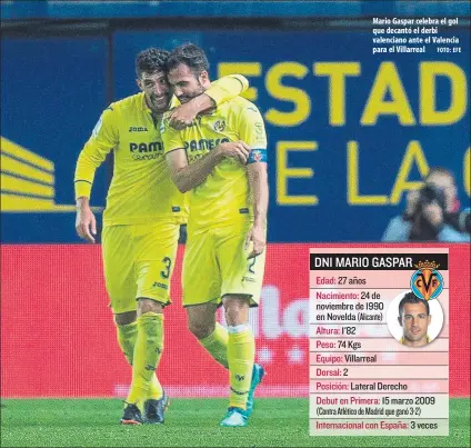  ?? FOTO: EFE ?? Mario Gaspar celebra el gol que decantó el derbi valenciano ante el Valencia para el Villarreal