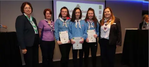  ??  ?? Pictured at the Irish Girl Guides’ National Guide Awards are (from left) IGG President Maureen Dillon, Knockbridg­e Guide Leader Irene Byrne, Rachel Muckion, Aoife Marry, Alanna Tinnelly, and IGG Chief Commission­er Helen Concannon.