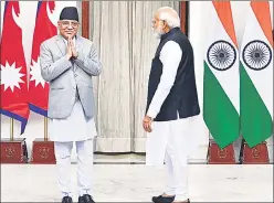 ?? SANJEEV VERMA/HT ?? Prime Minister Narendra Modi meets Nepal PM Pushpa Kamal Dahal ‘Prachanda’ in New Delhi on Thursday.