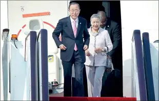  ??  ?? U.N. Secretary-General Ban Ki-moon and his wife Yoo Soon-taek arrive at the Hangzhou Xiaoshan internatio­nal airport for the G20 Summit in China (REUTERS)