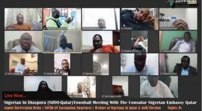  ??  ?? Participan­ts at a virtual Town Hall meeting organised by the Nigerians in Diaspora Organisati­on-Qatar (NIDO-Qatar) on Friday.