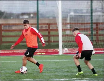  ?? Pics: ?? Regan Donelon in possession as Seamas Keogh keeps an eye on the first day of pre-season training last Friday at The Showground­s. Carl Brennan,