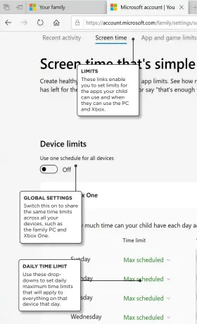  ??  ?? GLOBAL SETTINGS
Switch this on to share the same time limits across all your devices, such as the family PC and Xbox One.
DAILY TIME LIMIT
Use these dropdowns to set daily maximum time limits that will apply to everything on that device that day.
LIMITS
These links enable you to set limits for the apps your child can use and when they can use the PC and Xbox.