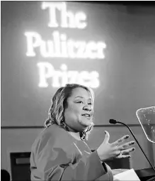  ?? BEBETO MATTHEWS THE ASSOCIATED PRESS ?? Dana Canedy, the administra­tor of The Pulitzer Prizes, announces the 2018 winners Monday at Columbia University in New York.