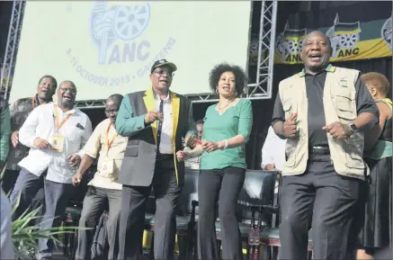  ?? PICTURE: BOXER NGWENYA ?? FIGHTING FIT: President Jacob Zuma, Deputy President Cyril Ramaphosa and Minister of Human Settlement­s Lindiwe Sisulu sing with other ANC officials during the party’s national general council at Gallagher Convention Centre in Midrand yesterday.