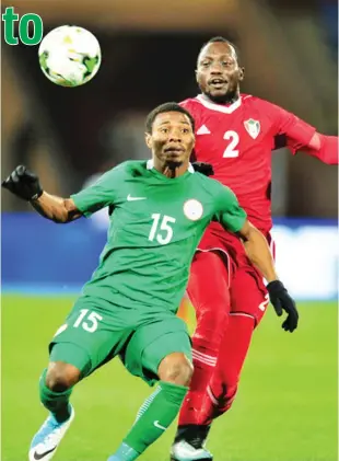  ??  ?? Super Eagles’ Ekundayo Ojo (15) vies for the ball with Abuaagla Abdalla Mohamed Ahmed of Sudan during yesterday’s CHAN 2018 quarter-final match at Grand Stade in Marrakec, Morocco