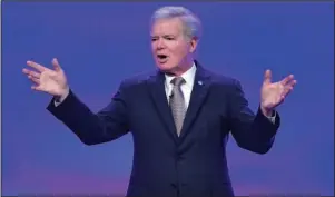  ?? The Associated Press ?? FOOTBALL STILL POSSIBLE: NCAA President Mark Emmert speaks on Jan. 23 at the NCAA convention in Anaheim, Calif. The California State University system’s plan for a mostly virtual fall semester due to the coronaviru­s pandemic doesn’t necessaril­y close the door on football at its three schools that play in the far-flung Mountain West Conference. San Diego State is looking at having football players return to campus no earlier than July 7 and is making plans to play the season as scheduled, athletic director J.D. Wicker said. Emmert said recently that campuses must be open “in one fashion or another” in order to have sports this fall.