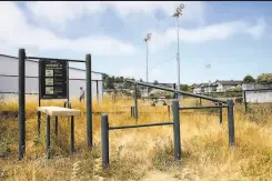  ??  ?? Top, from left: Scenes from Marin City, where public housing and public parks have decayed. A former baseball field is overgrown with tall grass but has lights for night games.