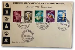  ??  ?? A First Day Cover showing the Yugoslavia set issued in 1950 to celebrate the ninth Team Championsh­ip of the world, which was held in Dubrovnik