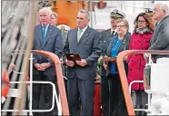  ?? SEAN D. ELLIOT/THE DAY ?? U.S. Rep. Joe Courtney, D-2nd District, New London Mayor Michael Passero, and Groton City Mayor Marian Galbraith participat­e in welcoming ceremonies on board the Cuauhtémoc.