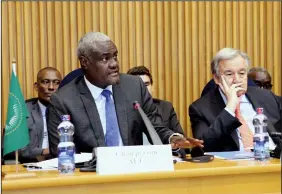  ??  ?? Chairperso­n of the African Union (AU) Commission Moussa Faki Mahamat and United Nations (UN) Secretary-General António Guterres convened the second AU- UN Annual Conference at the AU Headquarte­rs in Addis Ababa, Ethiopia