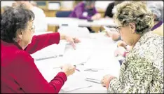  ?? LAUREN JUSTICE / THE NEW YORK TIMES ?? Ballots are checked during a recount of the presidenti­al election at the Walworth County Government Center in Elkhorn, Wis., on Friday.