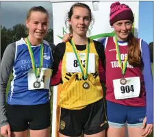  ??  ?? The first three girls home in the U-16 juvenile B cross country championsh­ips in Killlarney: Cara Gannon (Tralee Harriers) 2nd, Deirdre Kelly (Iveragh AC) 1st and Rachel Neylon (Lios Tuathail) 3rd