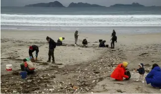 ?? ?? Des volontaire­s ramassent des billes de plastique sur une plage de Nigran, Pontevedra, Espagne, mardi 9 janvier 2024.