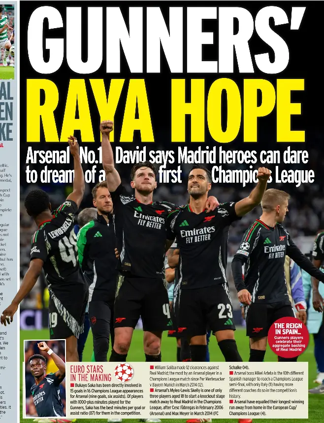  ?? ?? THE REIGN IN SPAIN.. Gunners players celebrate their aggregate bashing of Real Madrid