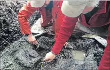  ?? GRANT CALLEGARI HAKAI INSTITUTE ?? Duncan McLaren and Daryl Fedje excavate one of the footprints.
