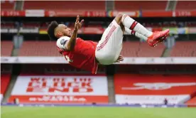  ??  ?? Pierre-Emerick Aubameyang scored twice for Arsenal against Norwich to draw level with Jamie Vardy at the top of the Premier League charts. Photograph: Richard Heathcote/ Reuters