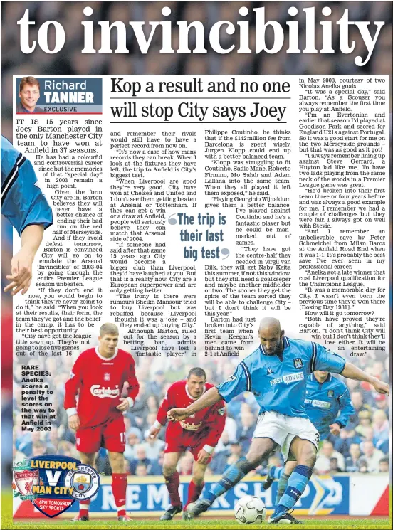  ?? Pictures: SHAUN BOTTERILL, NEAL SIMPSON and PETER BYRNE ?? RARE SPECIES: Anelka scores a penalty to level the scores on the way to that win at Anfield in May 2003