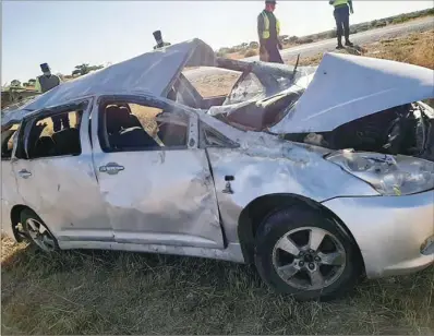  ??  ?? Four people died on the spot while five others were seriously injured after a Toyota Wish vehicle they were travelling in veered off the road and rolled several times before landing on its wheels just outside Gweru on Wednesday afternoon