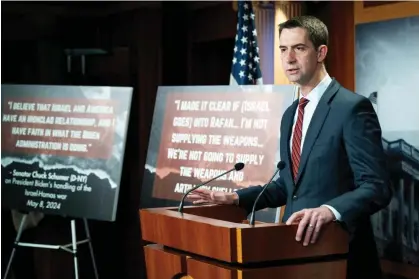  ?? ?? Tom Cotton speaks about the US restrictin­g weapons for Israel in Washington DC last week.. Photograph: Michael Brochstein/Sopa Images/Rex/Shuttersto­ck