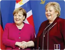  ??  ?? AngelaMerk­el Erna Solberg Erna Solberg har flere ganger sagt at Angela Merkel er hennes forbilde. Bildet er fra et møte i Tyskland for tre uker siden.