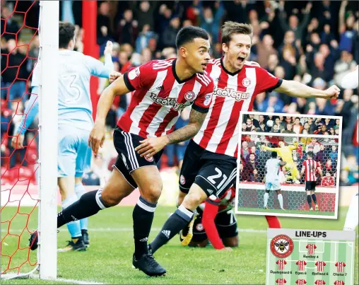  ?? PICTURES: PSI/Andy Walter ?? OPENER: Brentford’s Nico Yennaris celebrates his goal and, inset, Brentford goalkeeper Daniel Bentley scores a bizarre own goal