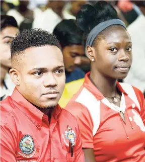 ?? JERMAINE BARNABY/ FREELANCE PHOTOGRAPH­ER ?? Oshane Grant (left), UWI Guild president, and Shimona Nelson, 2016-2017 vice-chancellor sportswoma­n of the year, at the recent launch of the UWI Sport Faculty.