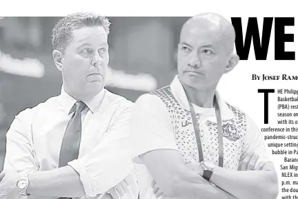  ??  ?? TIM CONE’S Gin Kings and Yeng Guiao’s Road Warriors mix it up on opening night.