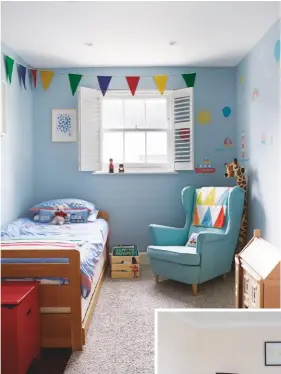  ??  ?? PHILIP’S BEDROOM Multicolou­red bunting adds a colourful, fun touch. rubens armchair, £399, Made.com, is a good alternativ­e. Stompa trundle bed, £399, John Lewis, is similar
