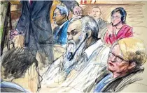  ??  ?? File courtroom sketch depicts Ahmed Abu Khattala listening to a interprete­r through earphones during the opening statement by assistant US Attorney John Crabb, 2nd from left, at federal court in Washington, in the trial. (AP)