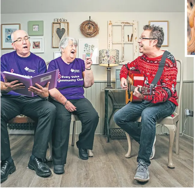  ?? Main picture Andrew Cawley ?? Choirmaste­r Bryan Marshall, right, and choir members Kevin and Christine Moran enjoy an acoustic singalong last week after filming their performanc­e of Caledonia on Scotland’s People 2021, hosted by Jackie Bird, above