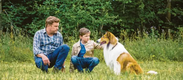  ?? Foto: Warner Bros. ?? Ihre Colliehünd­in Lassie lieben der zwölfjähri­ge Flo Maurer (Nico Marischka, Mitte) und sein Vater Andreas (Sebastian Bezzel) über alles.