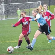  ??  ?? Above and centre: Dryburgh Girls U/17s (maroon) were too good for Westdyke, winning 4-0. Right: Dryburgh U/12s versus Letham 13s. See above.