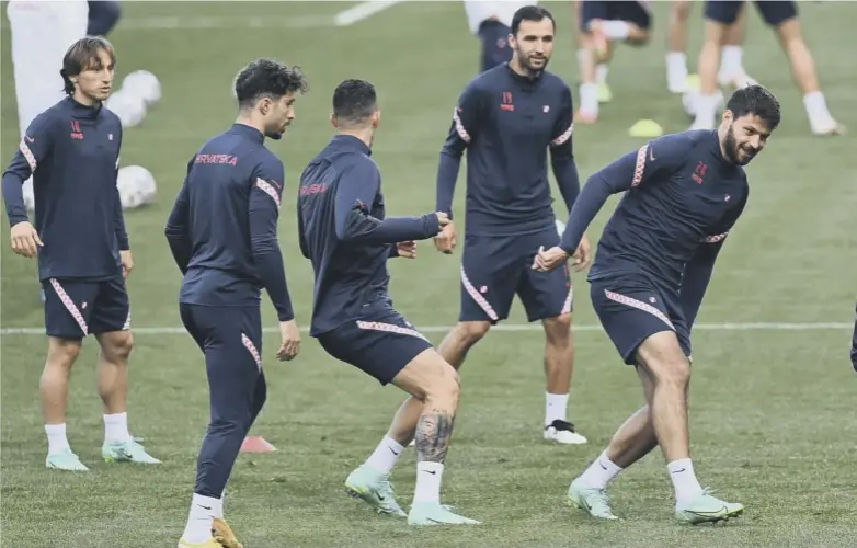  ??  ?? 0 Croatia’s players take part in their training session at Firhill yesterday ahead of tonight’s Group D football match against Scotland.