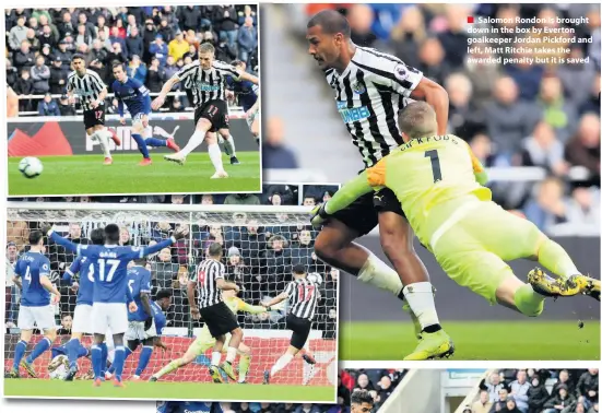  ??  ?? ■ Salomon Rondon is brought down in the box by Everton goalkeeper Jordan Pickford and left, Matt Ritchie takes the awarded penalty but it is saved