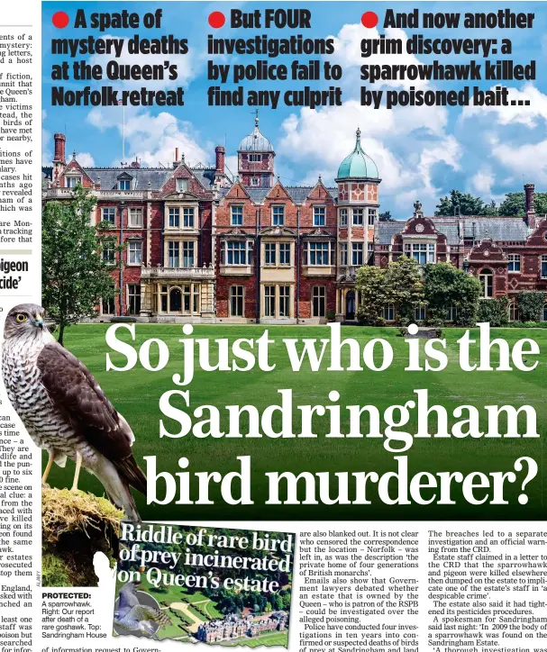  ??  ?? PROTECTED: A sparrowhaw­k. Right: Our report after death of a rare goshawk. Top: Sandringha­m House