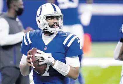  ?? AJ MAST/AP ?? Colts quarterbac­k Jacoby Brissett throws before a game against the Jaguars on Jan. 3.