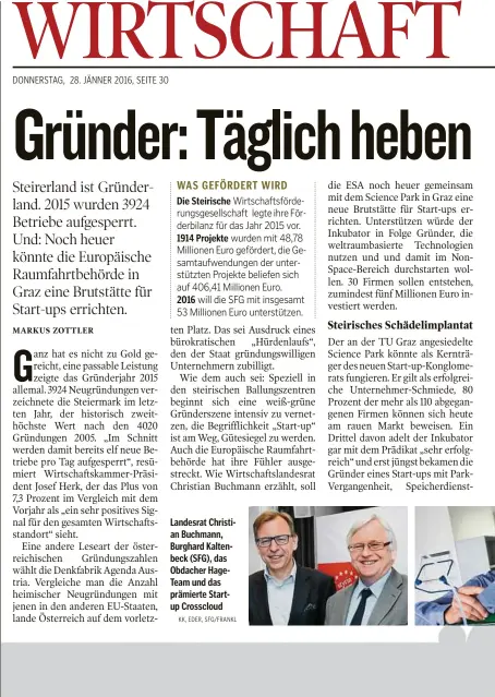  ??  ?? Die Steirische Wirtschaft­sförde-
1914 Projekte
2016 Landesrat Christian Buchmann, Burghard Kaltenbeck (SFG), das Obdacher HageTeam und das prämierte Startup Crosscloud