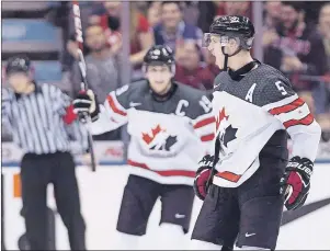  ?? CP PHOTO ?? Canada defenceman Thomas Chabot (5) is shown playing for Canada at the World Junior Championsh­ips in Toronto in December. Chabot will be leading the charge for Saint John against Chicoutimi in one of the QMJHL semifinals.