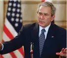  ?? (AP Photo/ Thaier al-Sudani, Pool, File) ?? U.S. President George W. Bush, reacts, after shoes were thrown at him, by a correspond­ent, during a joint press conference with Iraq Prime Minister Nouri al-Maliki, not seen, in Baghdad, Iraq, Dec. 14, 2008. Bush is facing criticism after mistakenly describing the invasion of Iraq — which he led as commander in chief — as “brutal” and “wholly unjustifie­d,” before correcting himself to say he meant to refer to Russia’s invasion of Ukraine. He added, “Iraq, too — anyway.” The 75-year-old former president made the comment during a speech Wednesday night in Dallas, jokingly blamed the mistake on his age.