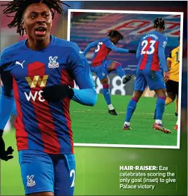  ?? ?? HAIR-RAISER: Eze celebrates scoring the only goal (inset) to give Palace victory