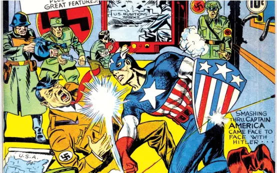  ??  ?? Captain America versus Hitler: Die von Jack Kirby und Joe Simon geschaffen­e Figur war ein Produkt der US-Kriegsprop­aganda. Bereits in der ersten Ausgabe von 1941 (hier ein Coveraussc­hnitt) schlägt er Hitler nieder – neun Monate vor dem Kriegseint­ritt...