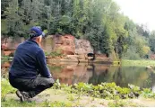  ?? ?? i Time to reflect: Nick Redmayne stops to admire Kuki Rocks – one of the sights on the Amata, a tributary of the Gauja River